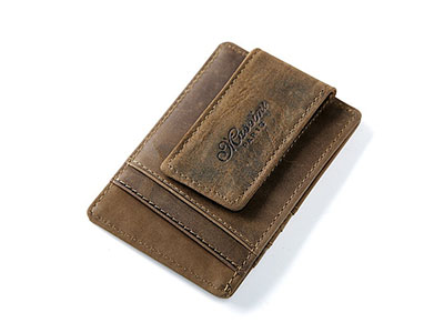Men Genuine Leather Business Card Holder with Strong Magnet Money Clip