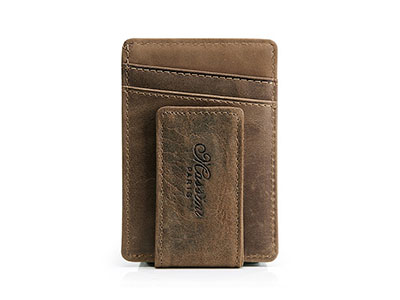 Men Genuine Leather Business Card Holder with Strong Magnet Money Clip